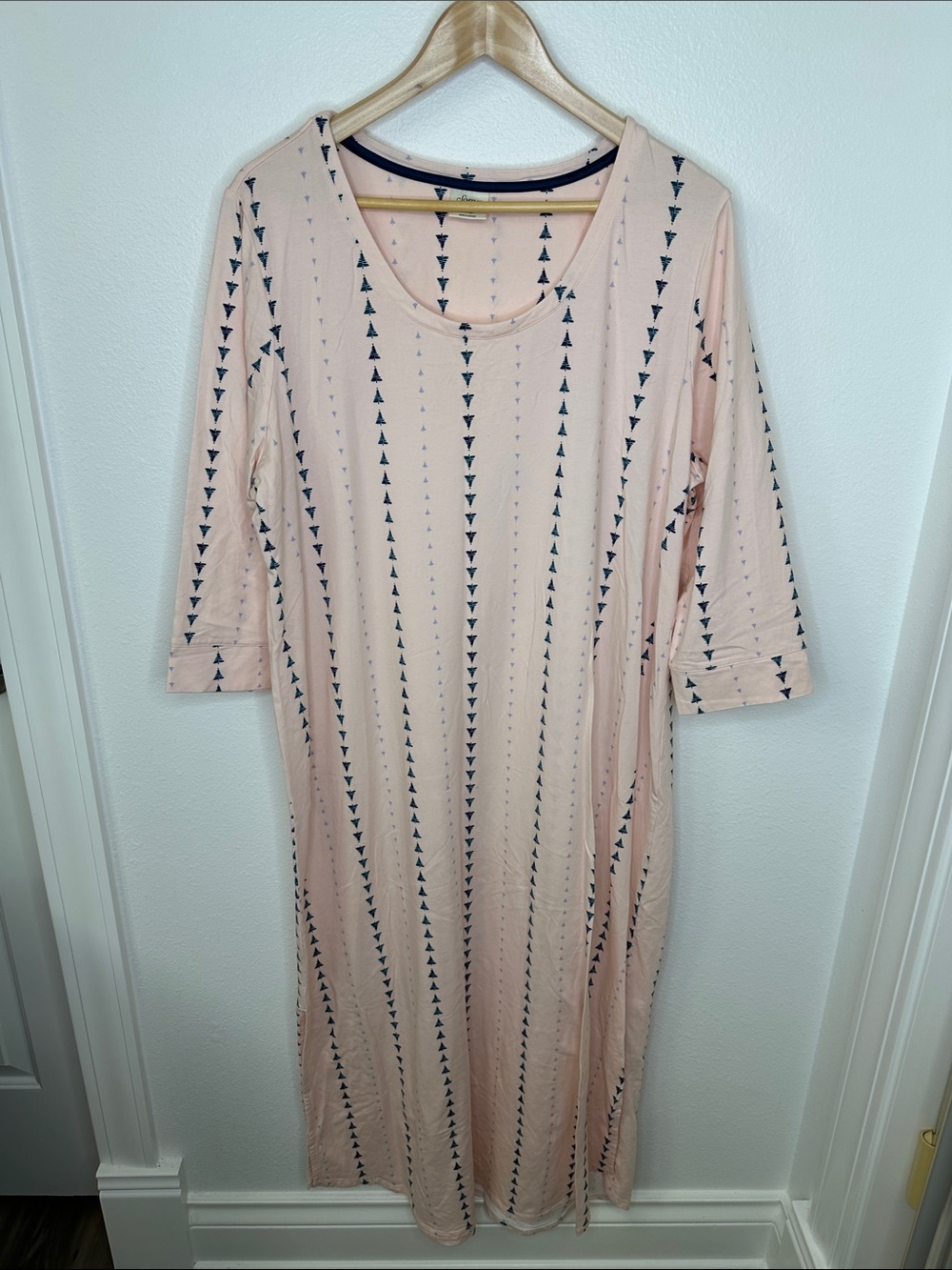 SOMA Cool Nights Sleep Shirt Blush Pink Maxi Dress w/Navy Triangle Stripe Trees